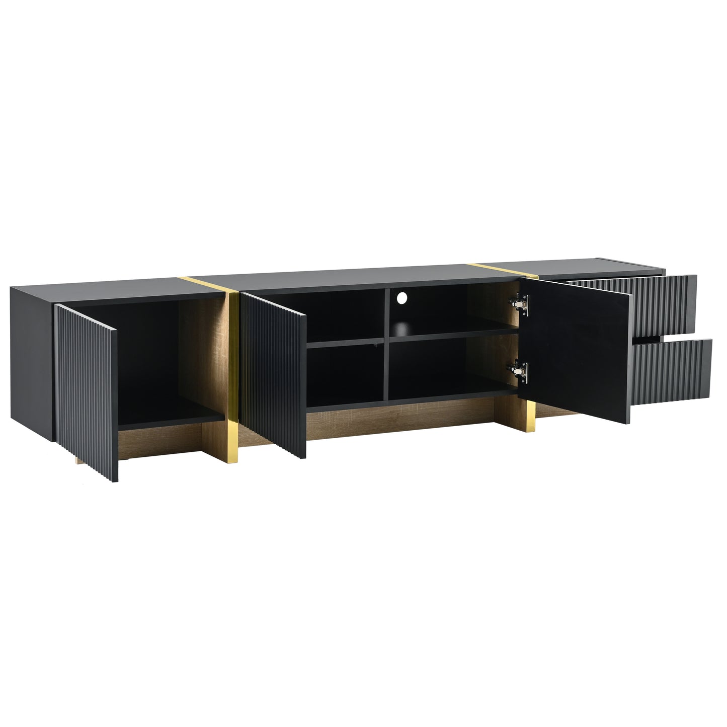 ON-TREND Luxury Fluted TV Stand for TVs Up to 80'', Modern Entertainment Center with Storage Cabinets & Drawers, Smooth Media Console with Golden Wood Grain Legs for Living Room, Black