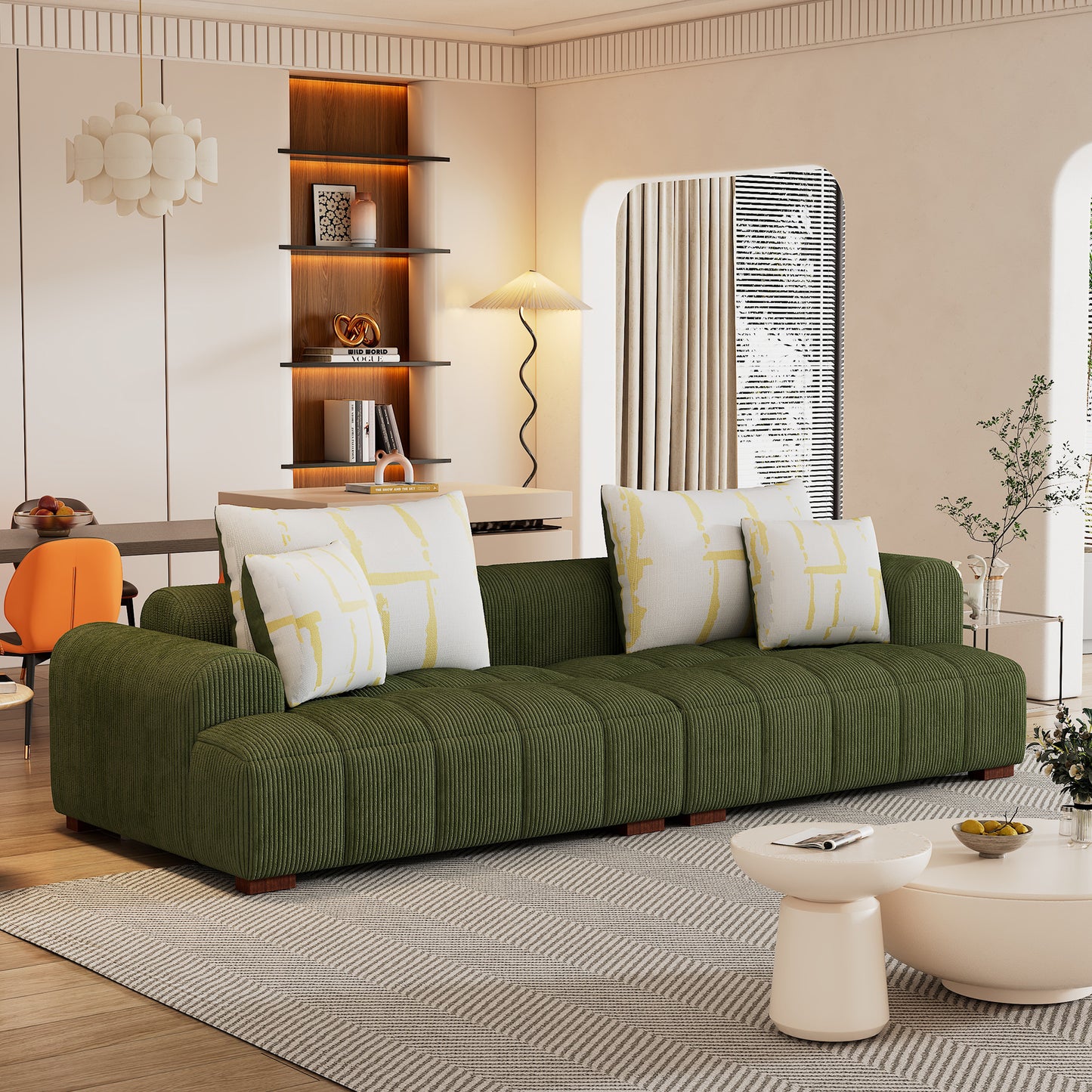 103.9" Modern Couch Corduroy Fabric Comfy Sofa with Rubber Wood Legs, 4 Pillows for Living Room, Bedroom, Office, Green