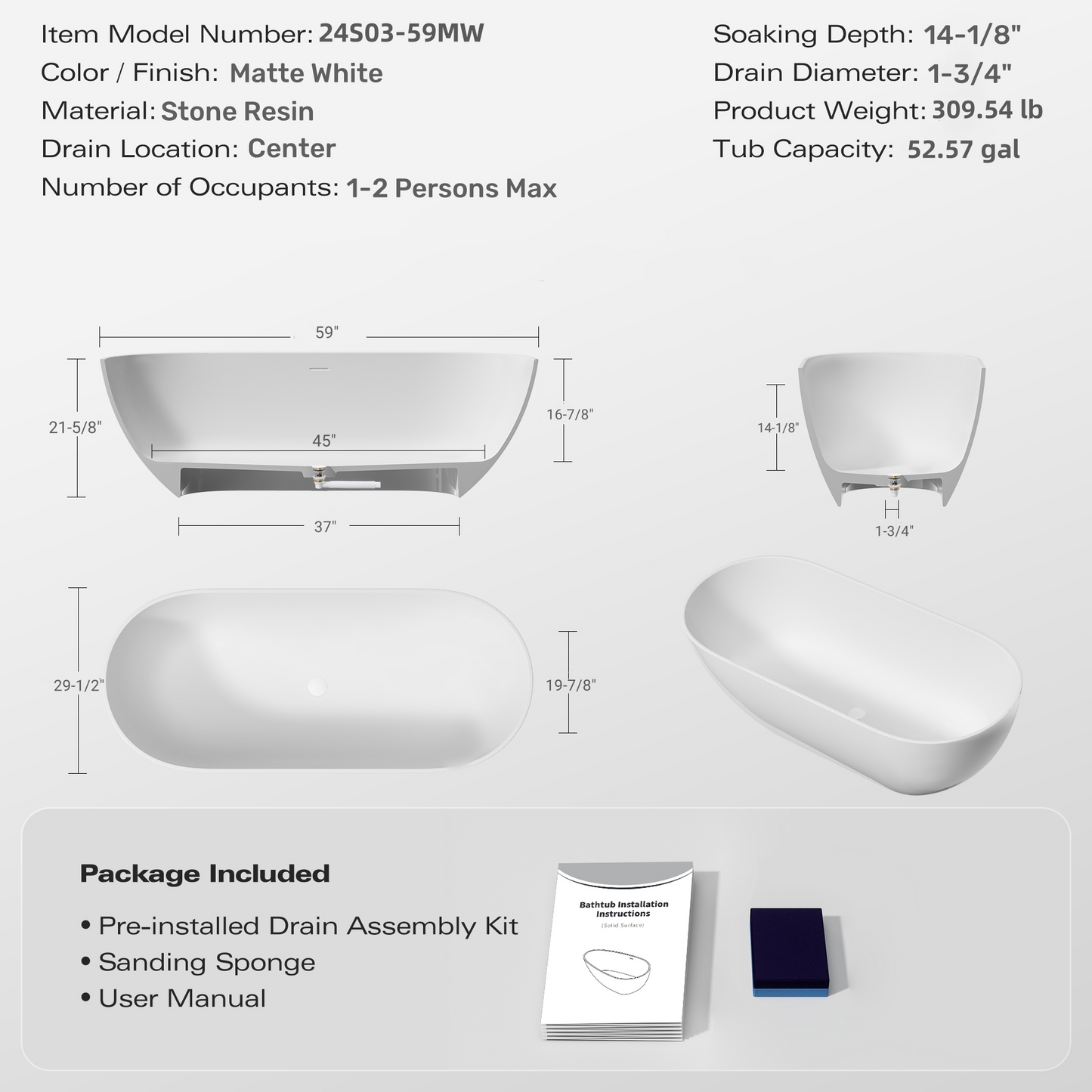 Elegant 59" Freestanding Solid Surface Bathtub – Luxury Matte White Soaking Tub with Efficient Overflow & Pop-Up Drain