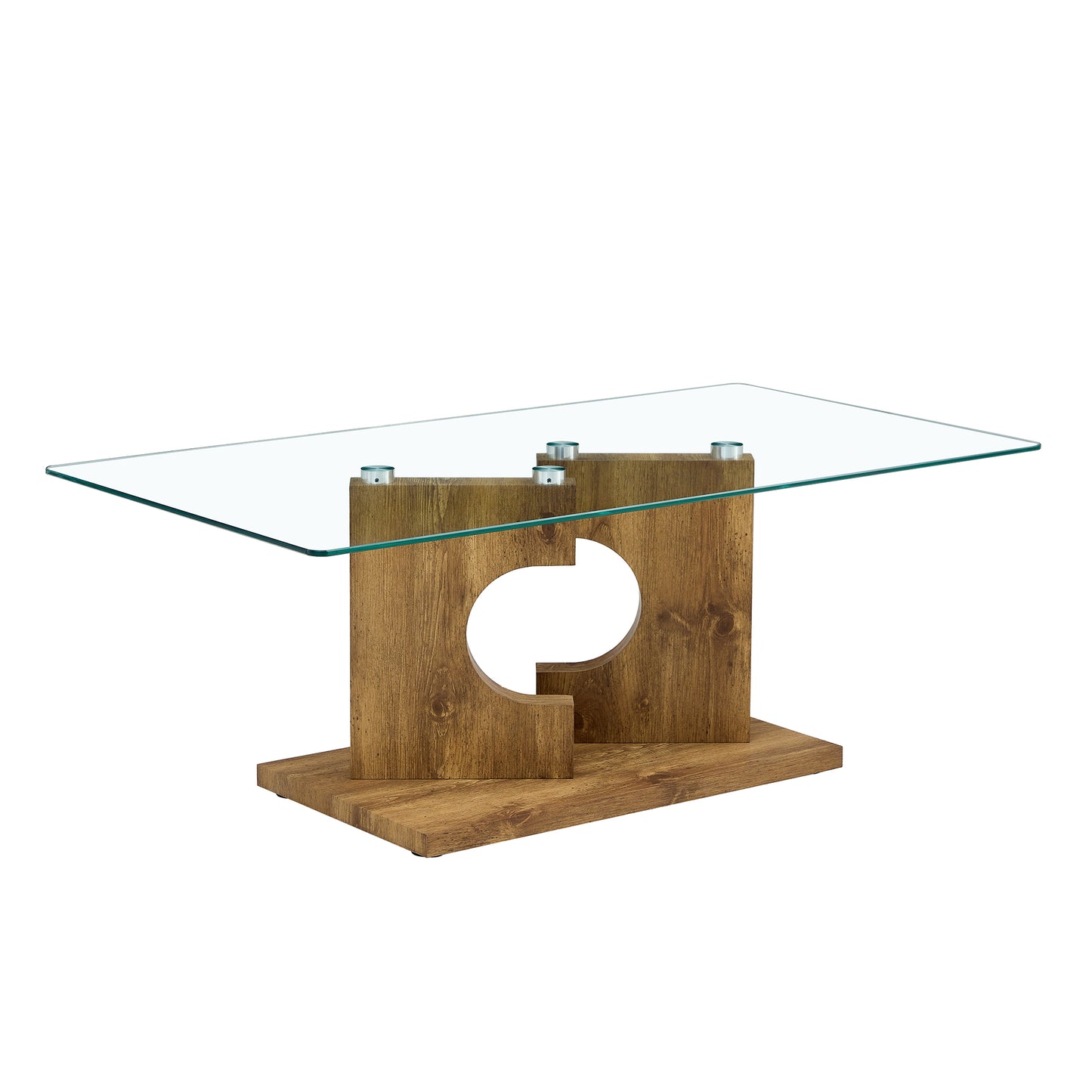 A rectangular modern and fashionable coffee table with tempered glass tabletop and wooden color MDF legs. Suitable for living room.47.2"*25.5"*18"