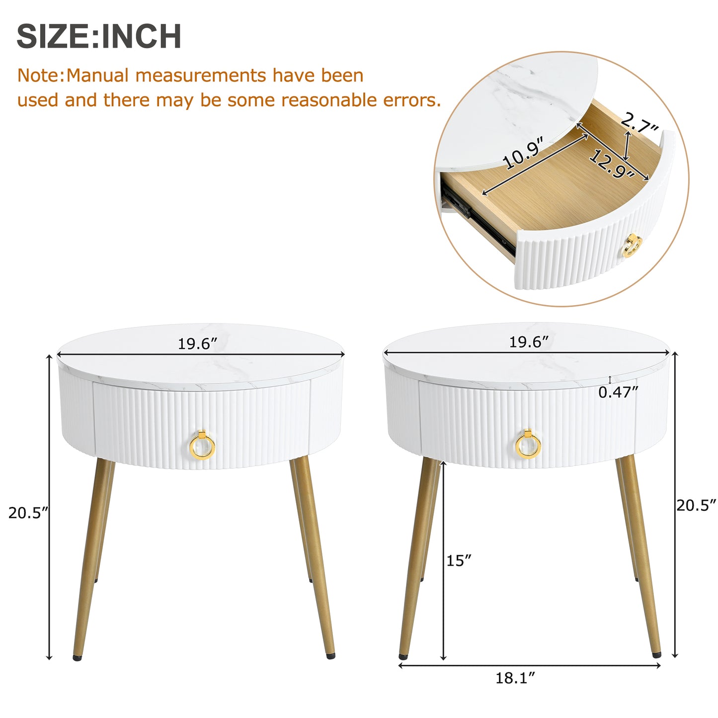 ON-TREND Φ19.6'' Easy Assembly End Tables with High Gloss Faux Marble Tabletops, Set of 2, Modern Fluted 2 Side Tables with Drawers, Round Coffee Tables with Golden Legs for Living Room, White