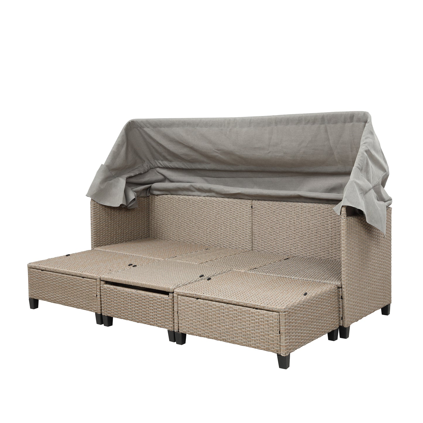 TOPMAX Ensemble de canapé de patio en osier en résine résistant aux UV 4 pièces avec auvent rétractable, coussins et table élévatrice, marron