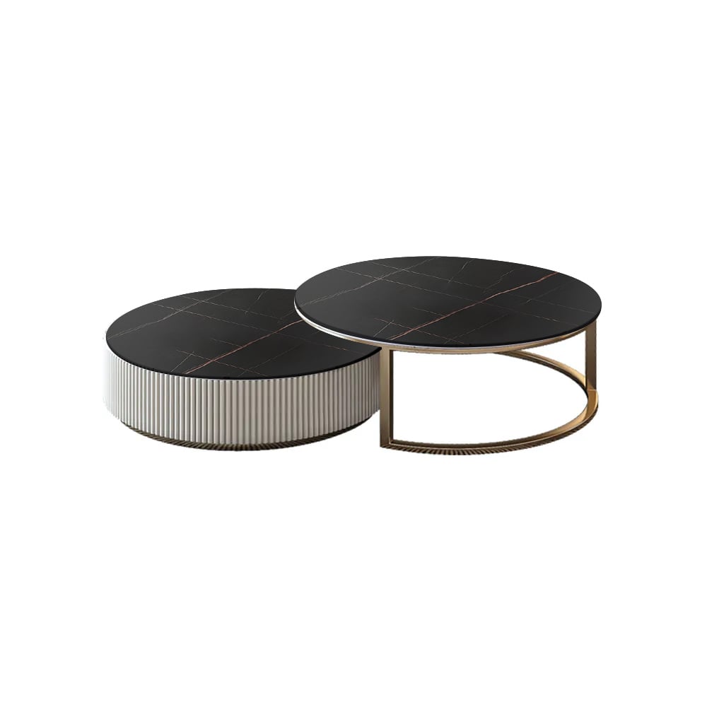 Set of 2 Round Sintered Stone Top Nesting Coffee Table with Drawer Black & Gold