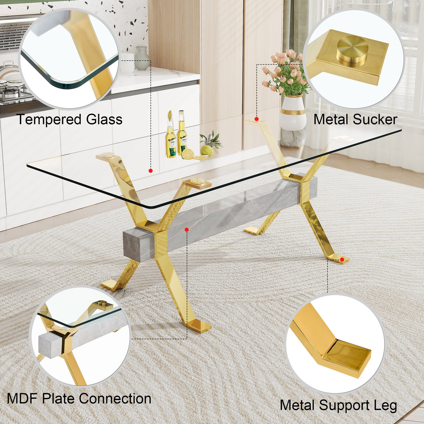 Dining table. Modern tempered glass dining table. Large modern office desk with gold plated metal legs and MDF crossbars, suitable for both home and office use. Kitchen. 79 ''x39''x30 '' 1105