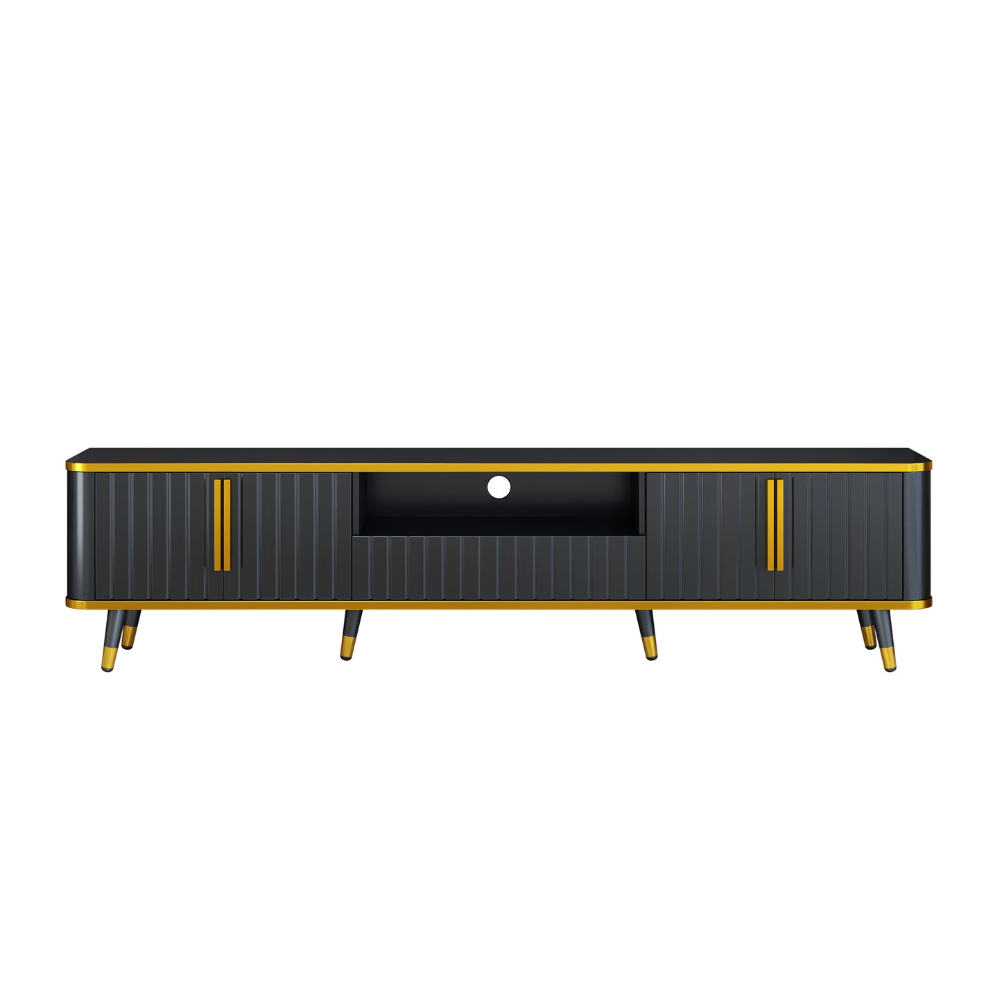 ON-TREND Meuble TV minimaliste de luxe avec étagère de rangement ouverte pour téléviseurs jusqu'à 85", centre de divertissement avec armoires et tiroirs, console multimédia pratique avec pieds uniques pour le salon, noir