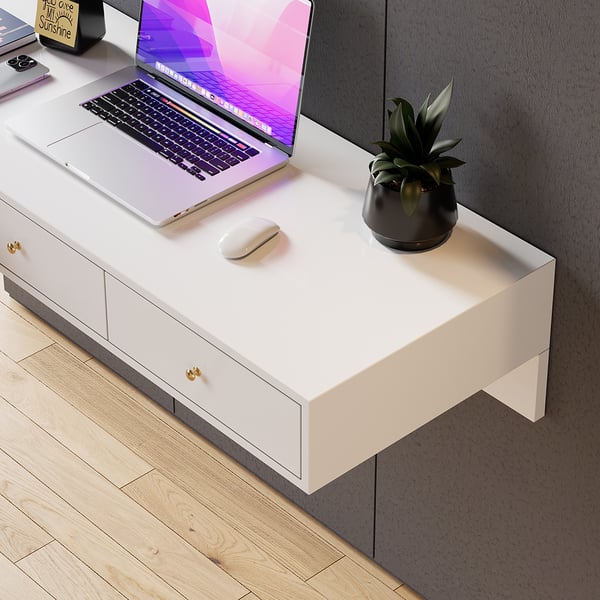 Modern White Floating Desk with Drawers Wall Mounted Desk in Pine Wood Frame