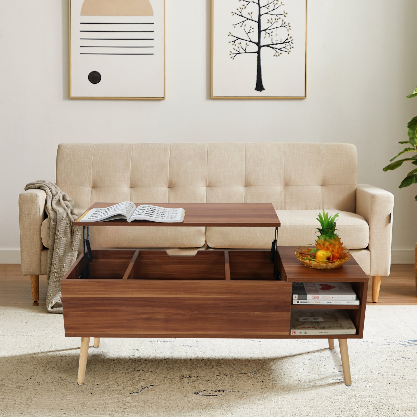 Table d'ordinateur à assemblage rapide avec couleur grain de bois, meubles d'accent, décoration d'intérieur, étagère de rangement ouverte, table basse de rangement avec compartiment caché et étagère de rangement réglable, plateau relevable pour le salon