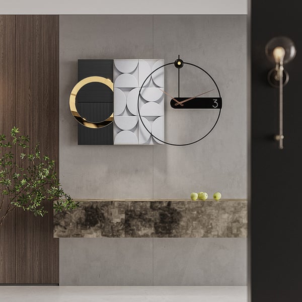 Grande horloge murale géométrique en métal de 30 pouces avec pointeur en bois, décoration d'intérieur moderne, noir et gris 