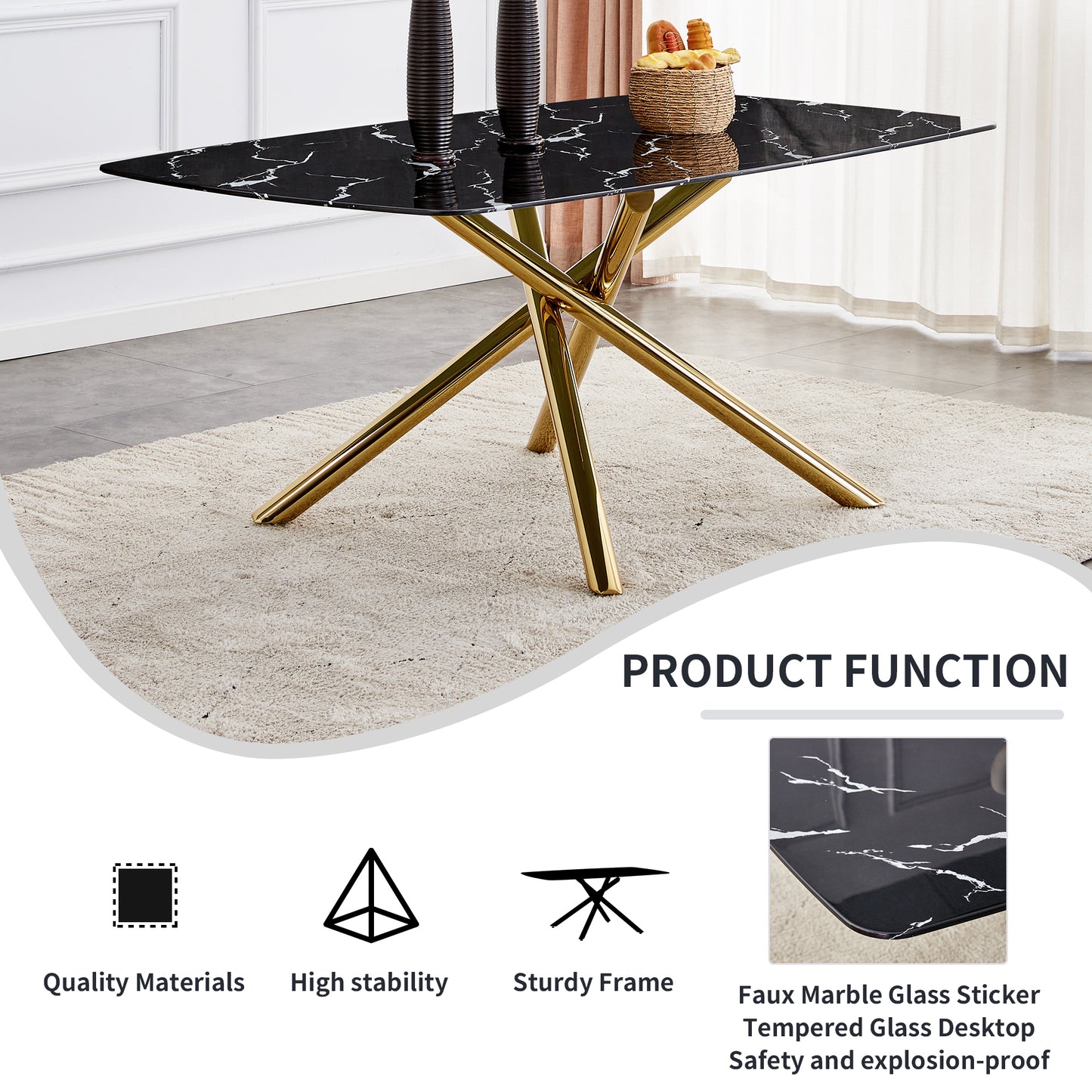 Contemporary Large Dining Table with Black Imitation Marble Top - 0.39" Thick Design with Golden Metal Legs, Perfect for Dining Rooms