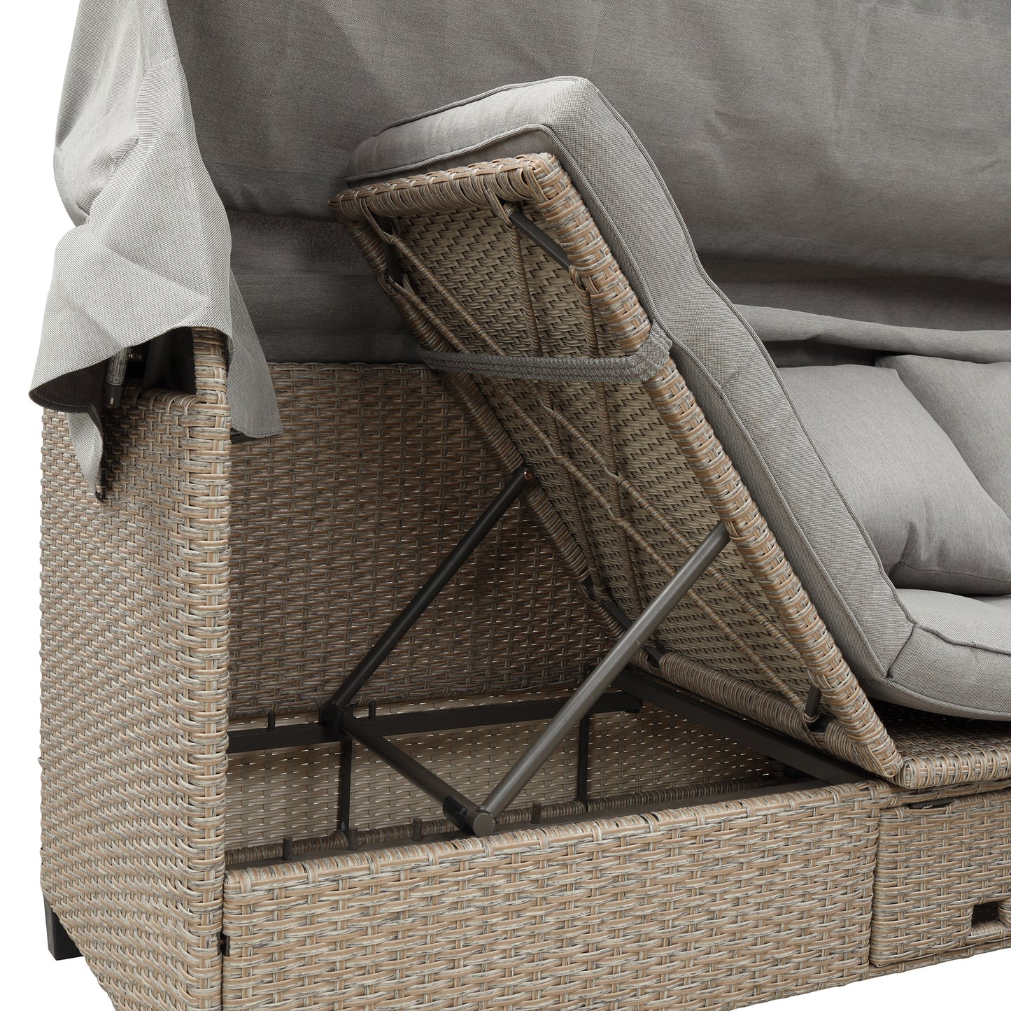 TOPMAX Ensemble de canapé de patio en osier en résine résistant aux UV 4 pièces avec auvent rétractable, coussins et table élévatrice, marron