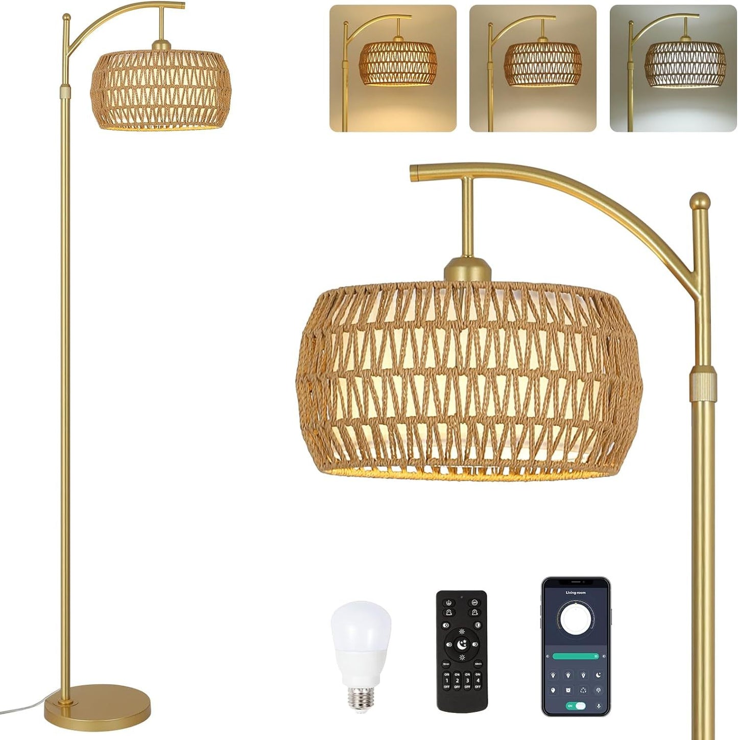 Arc Floor Lamp with 3 Color Temperatures & Remote - Boho Gold LED Standing Lamp with Rattan & Fabric Shades