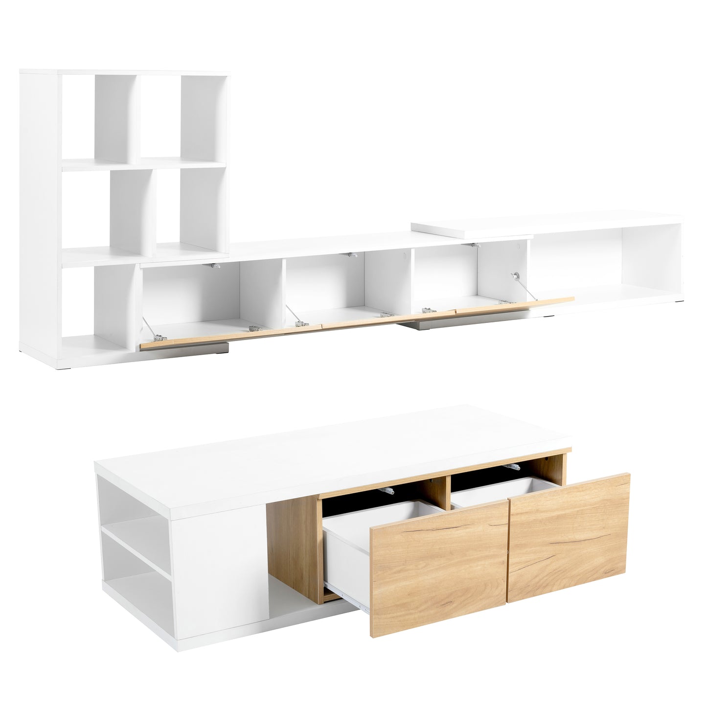 [VIDEO provided] ON-TREND Extendable TV Stand and Coffee Table, Set of 2, Media Console with 3 Tier Bookshelves for TVs up to 110'', Dual-tone Center Table with Sliding Tabletop for Living Room, White