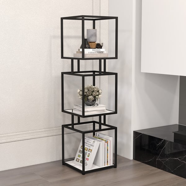 3-Tier Modern Black Cube Bookcase with Metal Tower Display Shelf