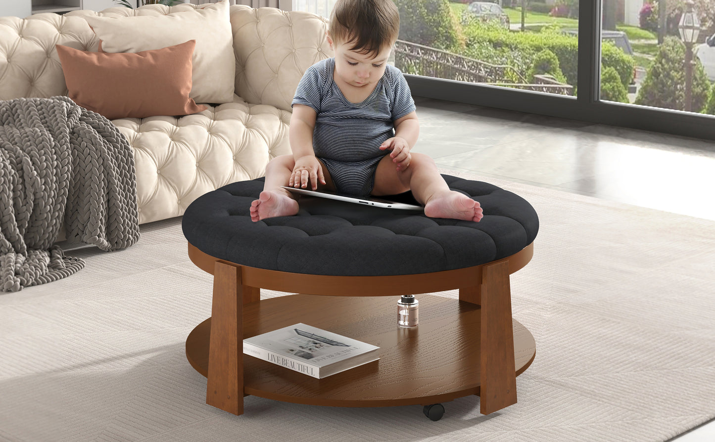 Modern Large Round Ottoman Coffee Table 2-Tier Oversized Button Tufted Ottoman with Wood Shelf Storage Upholstered Coffee Table for Living Room Footrest Ottoman with wheel, waterproof Linen