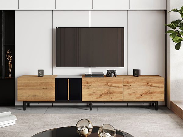 Meuble TV moderne pour téléviseur 80'' avec 3 portes, table console multimédia, centre de divertissement avec grand meuble de rangement pour salon, chambre à coucher