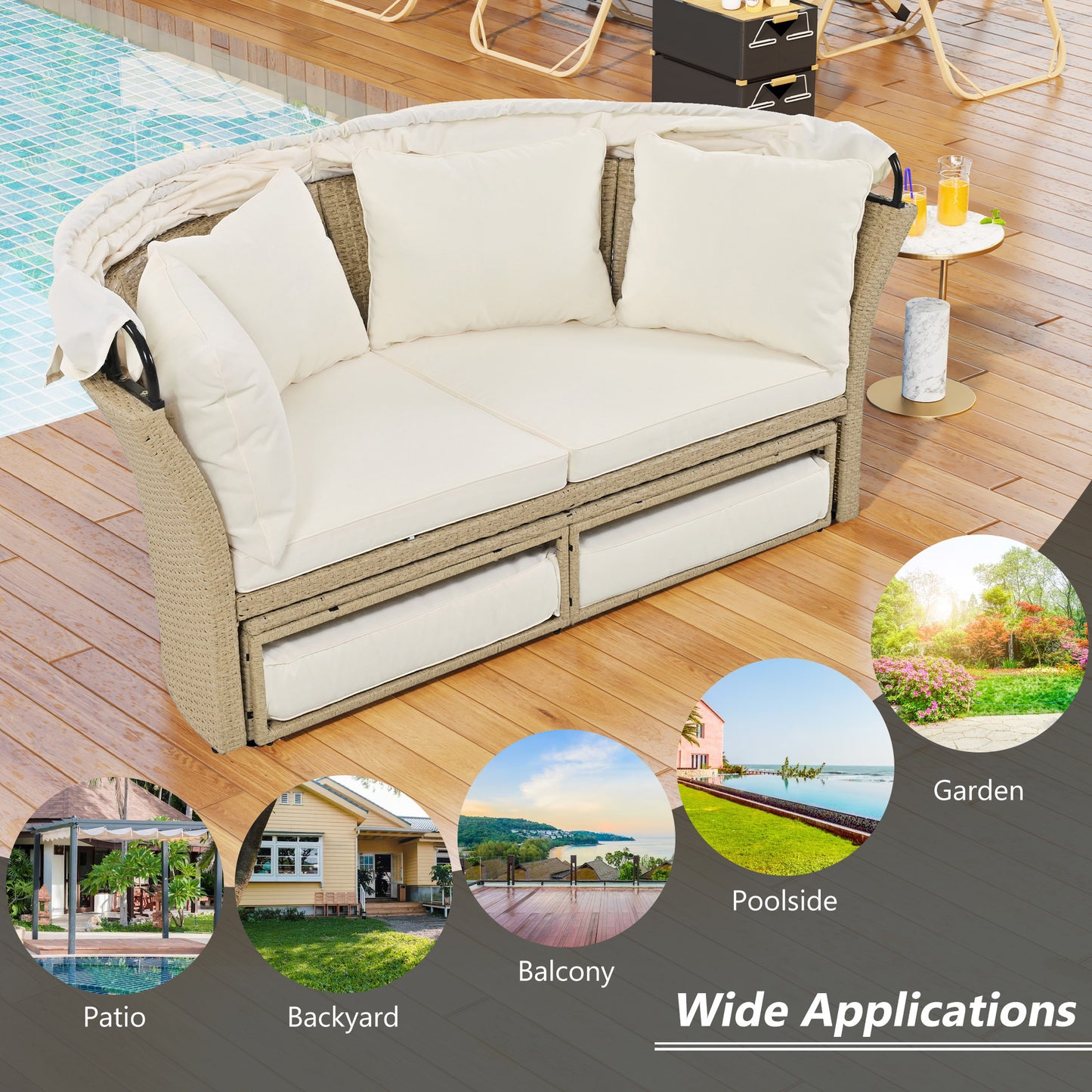 Lit de repos extérieur en osier et rotin, ensemble de meubles de canapé rond avec auvent rétractable, 4 oreillers pour pelouse, jardin, arrière-cour, porche, piscine, beige