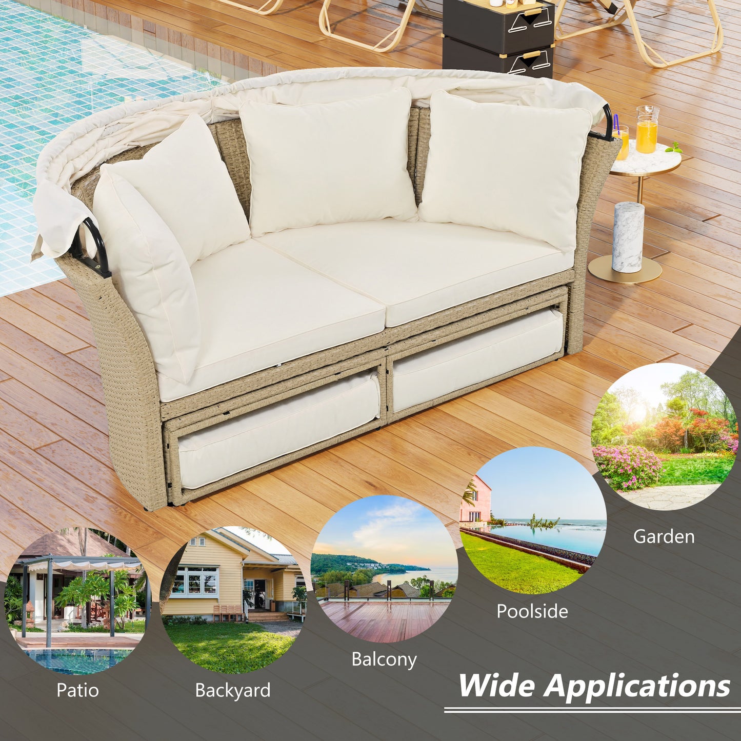 Outdoor Patio Daybed Wicker Rattan Double Daybed Round Sofa Furniture Set with Retractable Canopy, 4 Pillows for Lawn Garden Backyard Porch Pool, Beige