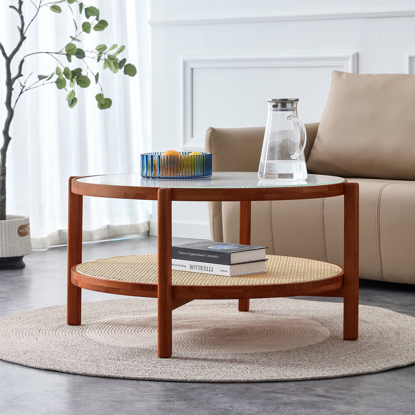 Modern Minimalist Circular Coffee Table - Double-Layer Solid Wood Design with Craft Glass Top and PE Rattan