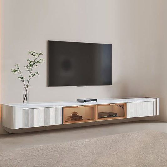 Wall-Mounted Fluted TV Stand with 2 Drawers and Flip Glass Doors Stone Top Media Console
