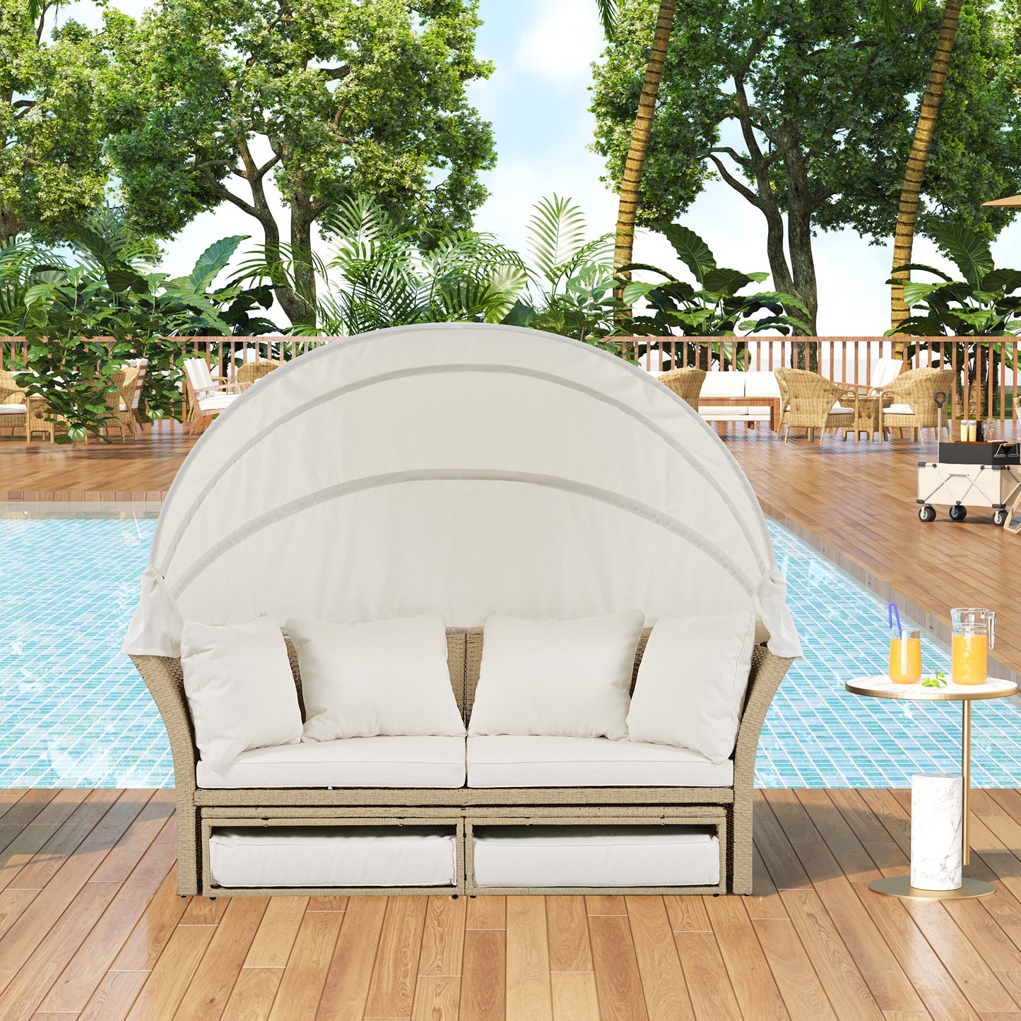 Outdoor Patio Daybed Wicker Rattan Double Daybed Round Sofa Furniture Set with Retractable Canopy, 4 Pillows for Lawn Garden Backyard Porch Pool, Beige