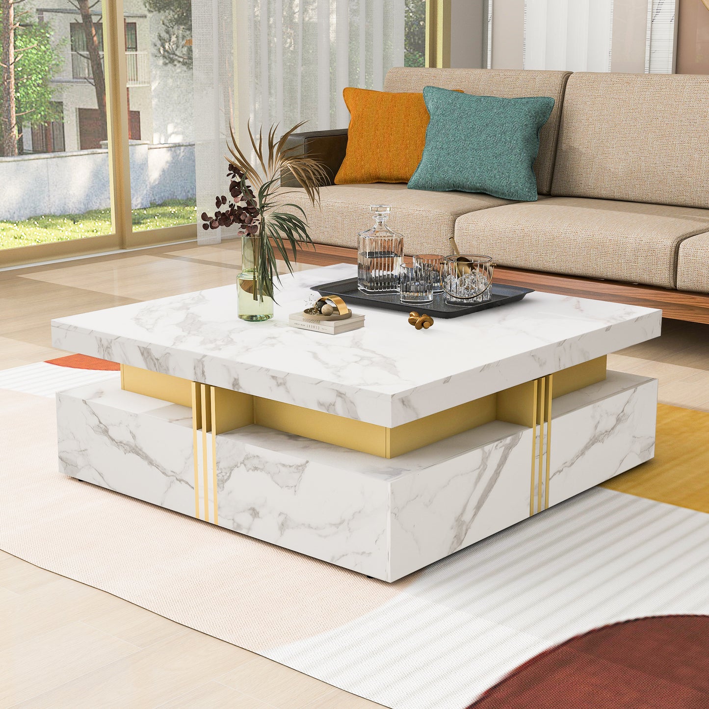 Modern White Square Storage Coffee Table with 4 Drawers