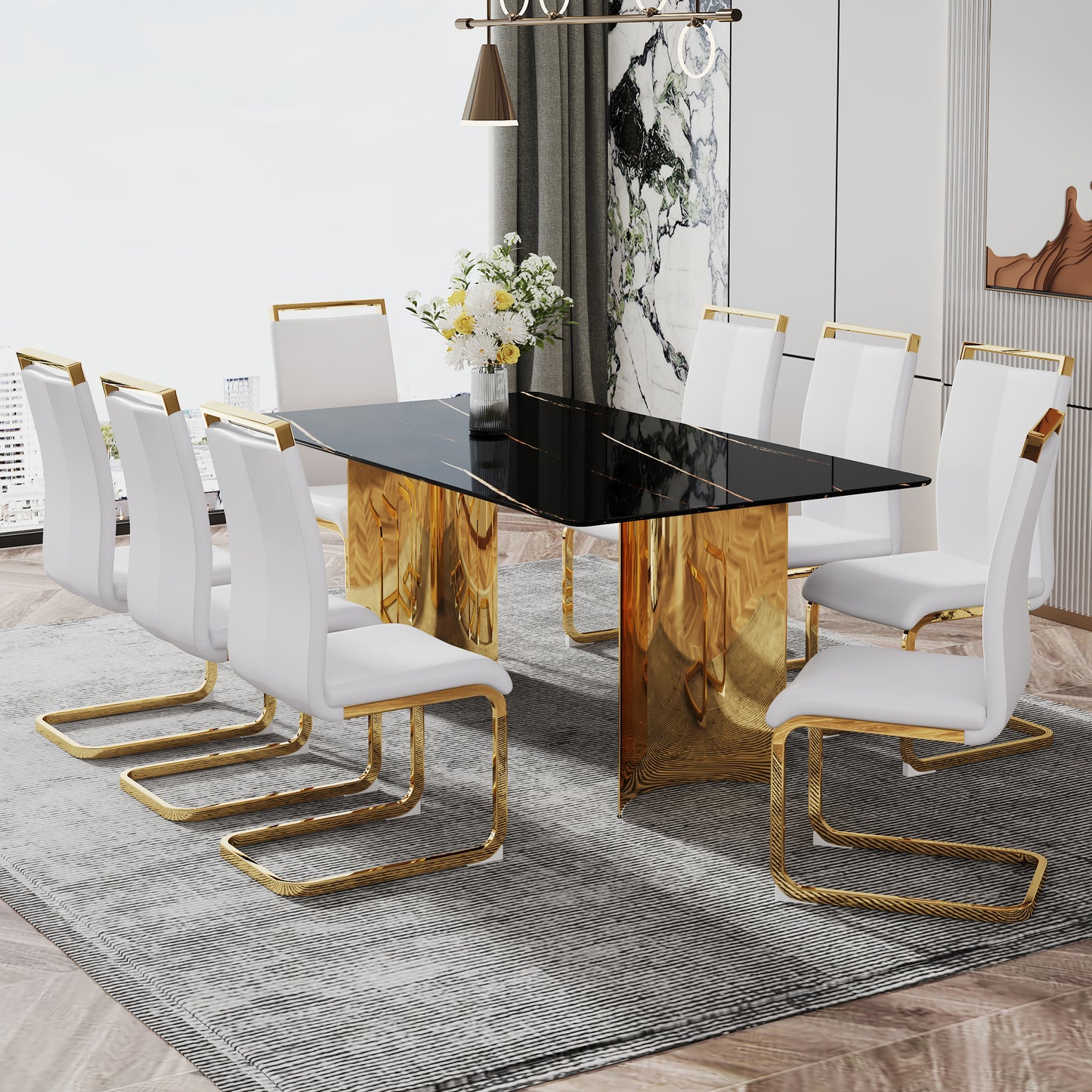 Modern minimalist dining table. The black patterned glass desktop is equipped with golden metal legs. Suitable for restaurants and living rooms  71" *39.3" *29.5"  DT-69