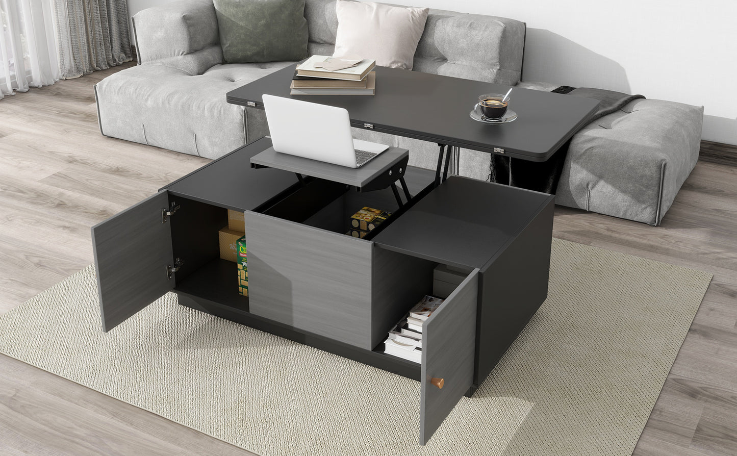 Modern Gray Multi-functional Rectangle Lift-top Coffee Table Extendable with Storage