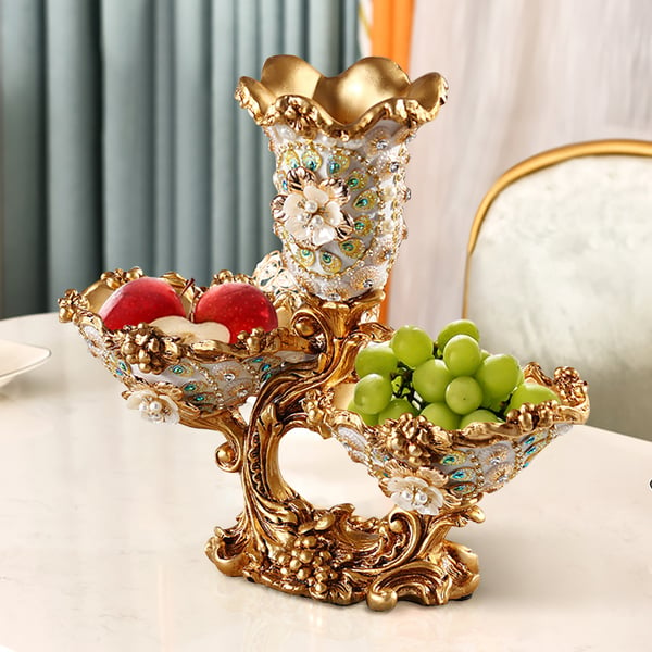 2 Tiered Gold & White Fruit Basket Plate with Vase Resin Snack Tray Decor