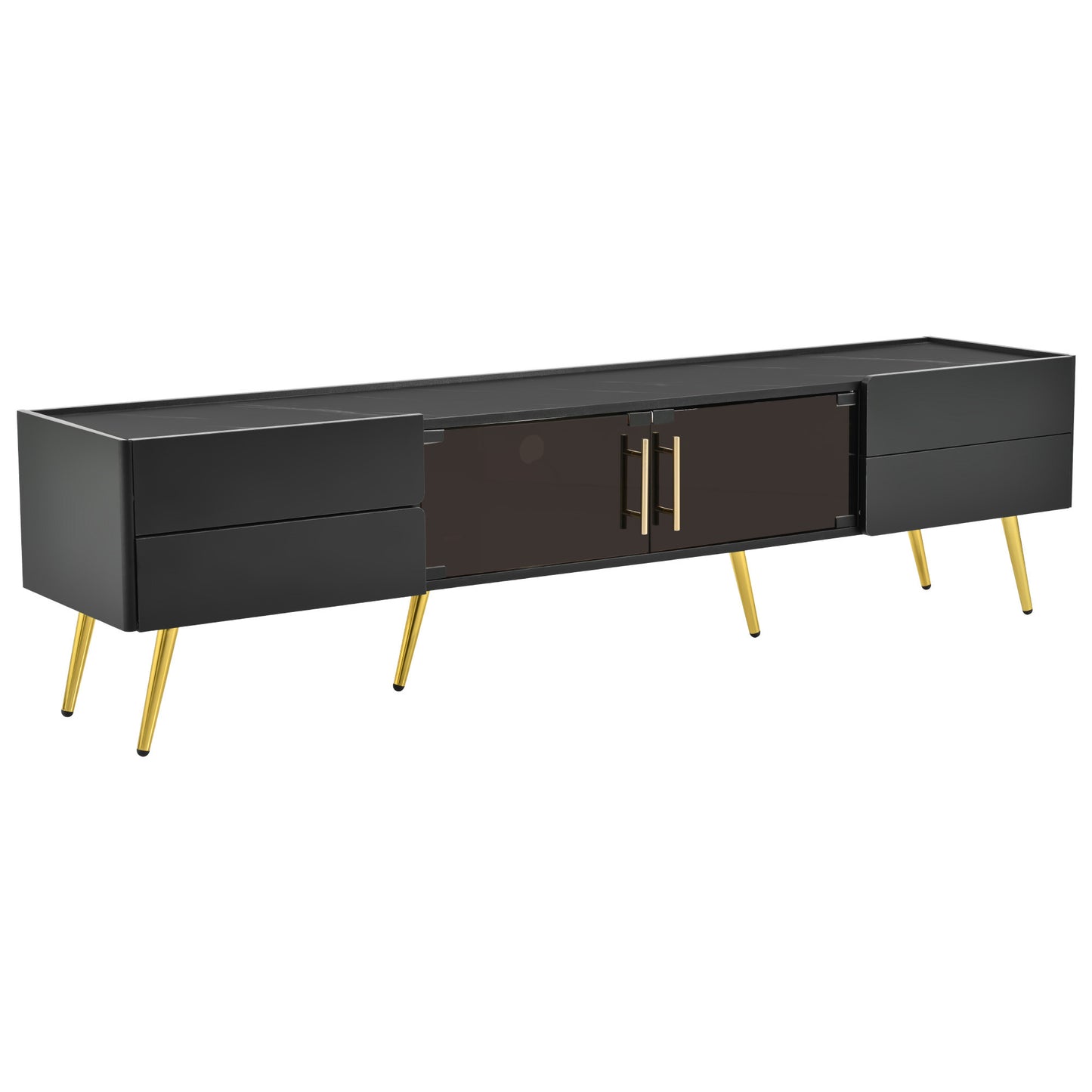 U-Can Modern TV Stand with LED lights for TVs up to 80 Inches, Entertainment Center with 4 Drawers and 1 Cabinet with Brown Glass Door, Media Console with Metal Legs and Handles for Living room