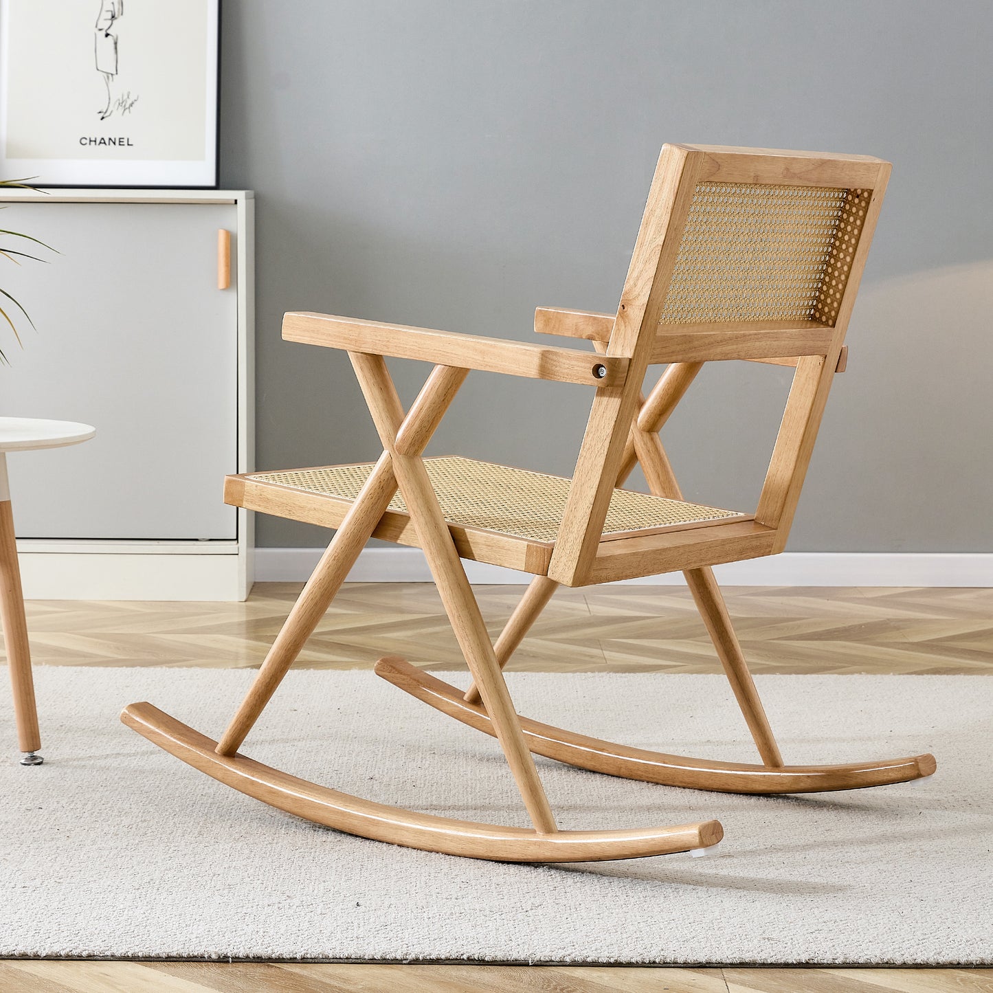 Elegant Solid Wood Rocking Chair with Imitation Rattan - Ideal for Indoor and Outdoor Relaxation