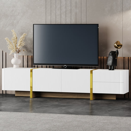 ON-TREND Luxury Fluted TV Stand for TVs Up to 80'', Modern Entertainment Center with Storage Cabinets & Drawers, Smooth Media Console with Golden Wood Grain Legs for Living Room, White