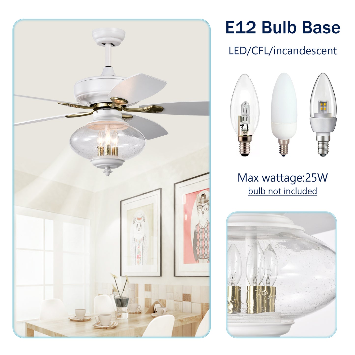 52" Low Profile Ceiling Fan in Matte White - Modern Design with Remote Control and Glass Shade