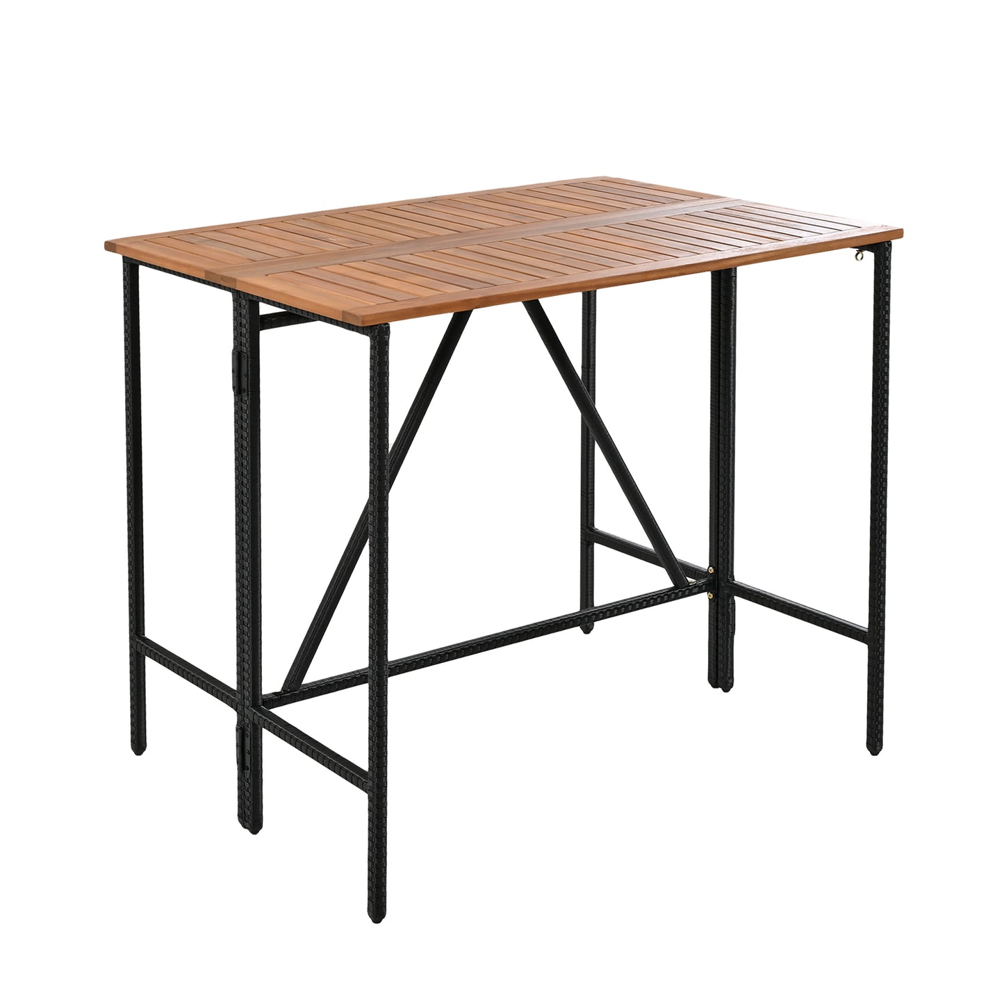 GO Table de bar d'extérieur en bois d'acacia 10 pièces et huit tabourets avec coussins, table de salle à manger de jardin en rotin PE, plateau pliable, ensemble bistro de salle à manger haute, meubles de patio toutes saisons, marron