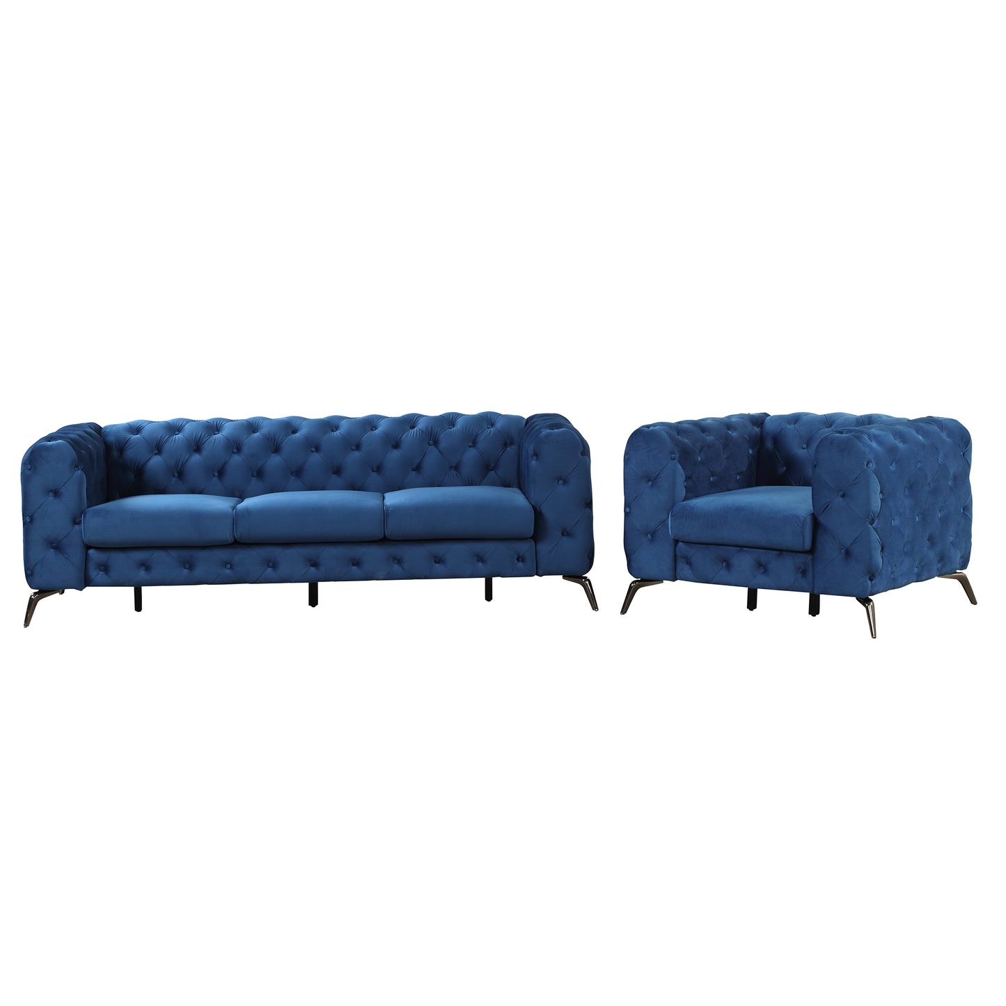 Modern 3-Piece Sofa Sets with Sturdy Metal Legs,Velvet Upholstered Couches Sets Including Three Seat Sofa, Loveseat and Single Chair for Living Room Furniture Set,Blue