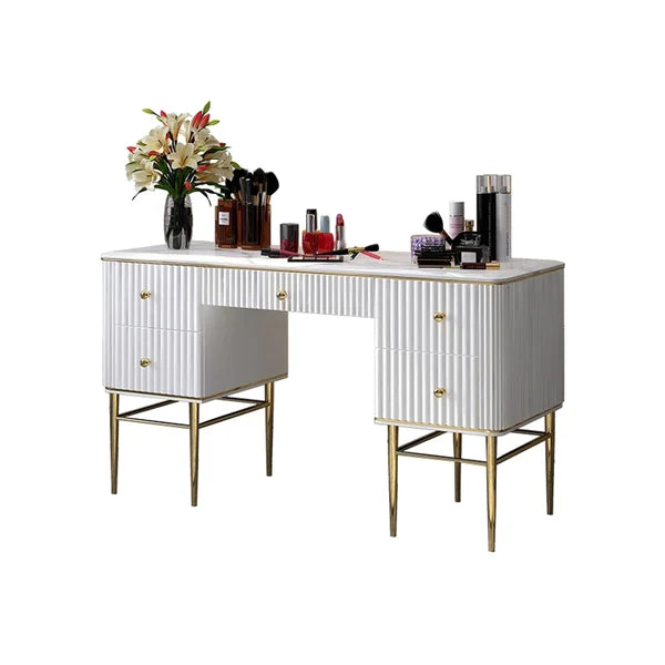 White Makeup Vanity Table Marble Dressing Table with Drawers Gold Stainless Steel