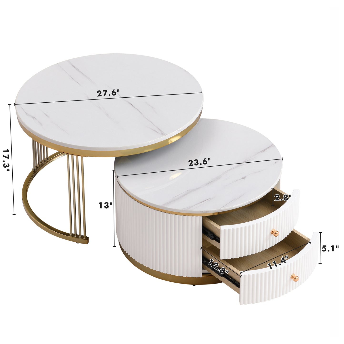 Modern 2 Pieces White Round Nesting  Coffee Table with Drawers in 27.6''