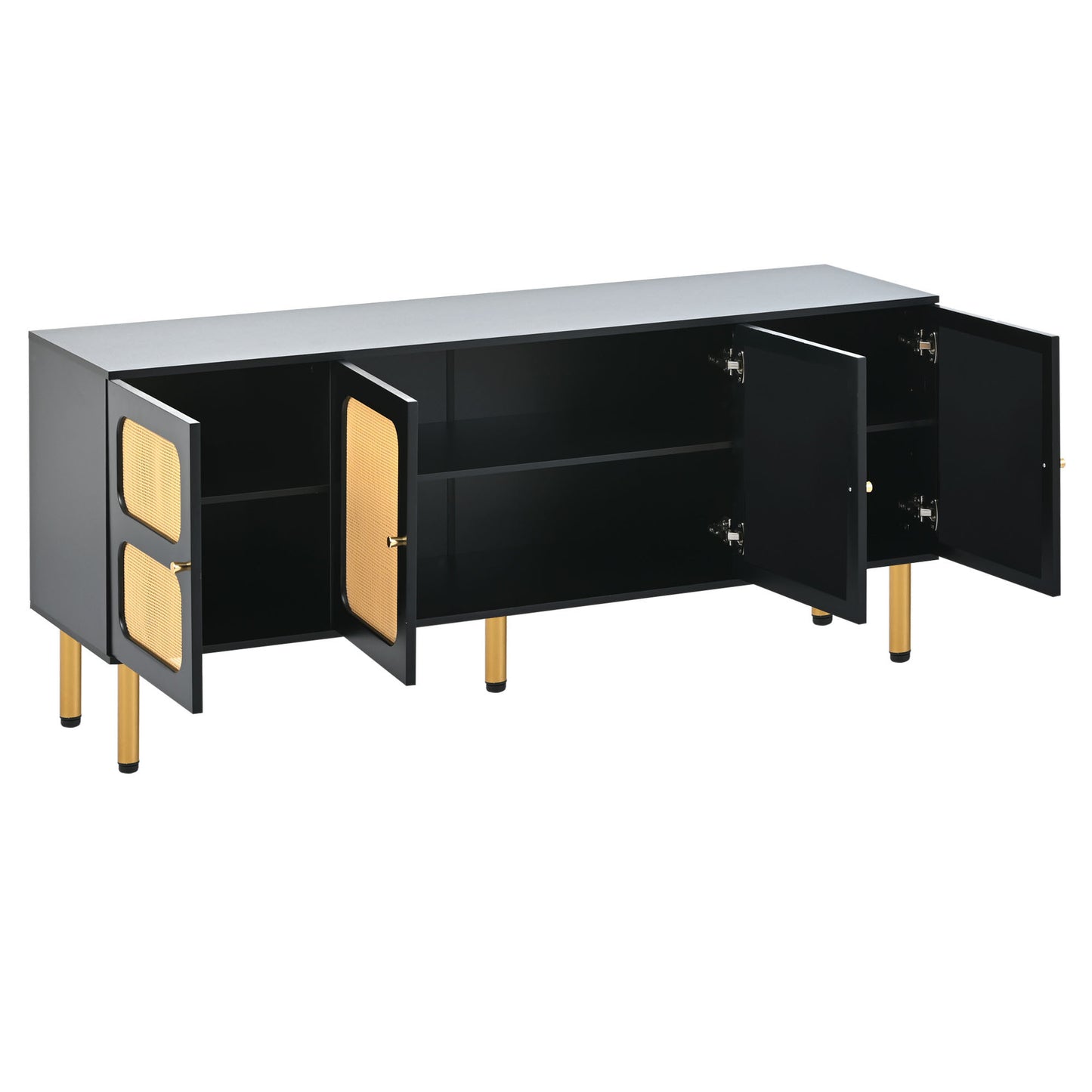 Meuble TV de style bohème ON-TREND avec porte en rotin, table console multimédia tissée pour téléviseurs jusqu'à 70", panneau latéral de style campagnard avec base en métal doré pour le salon, noir.