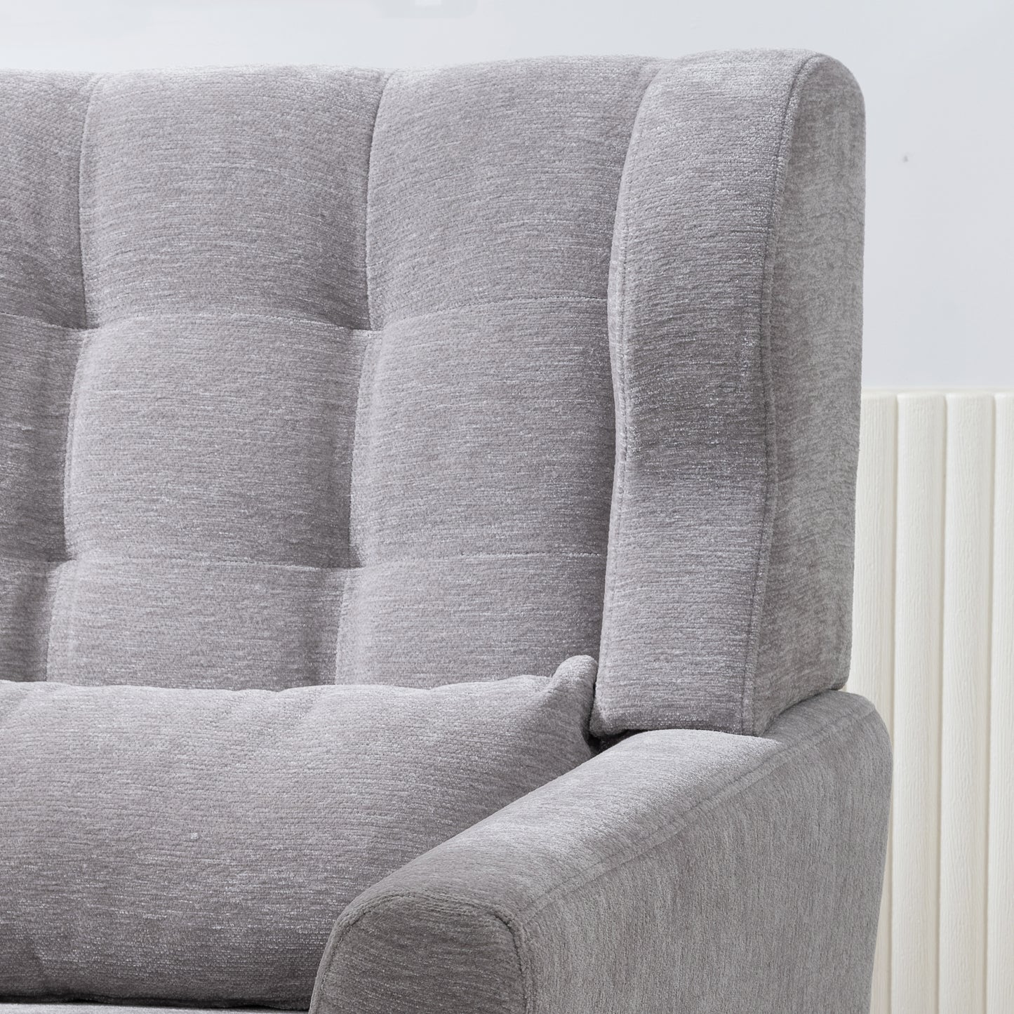 Chaise d'appoint moderne, fauteuils en chenille pour salon, fauteuil moderne rembourré, chaise longue rembourrée et confortable dans un petit espace, chambre à coucher, avec oreiller, pieds en bois massif (gris)