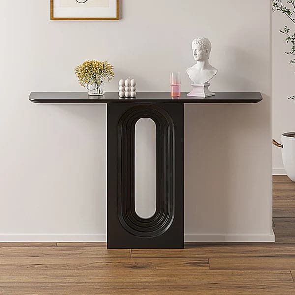 47 Inch Japandi Narrow Wood Black Console Table with Geometric Pedestal Entryway Table