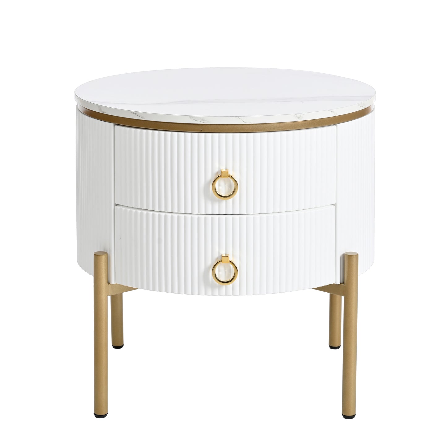 ON-TREND Φ19.6'' Easy Assembly Round End Table with Storage Drawers, Fluted Nightstand with High Gloss Faux Marble Tabletop, Modern Coffee Table with Metal Legs and Handles for Living Room, White