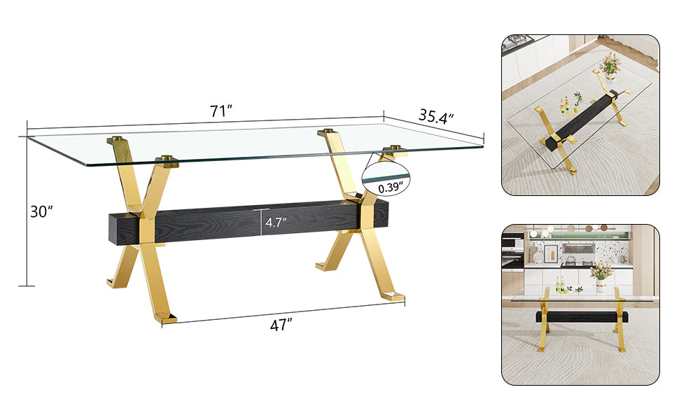 Dining table. Modern tempered glass dining table. Large modern office desk with gold metal legs and MDF crossbars, suitable for home and office use. Kitchen .71 ''x35.4''x30 '' 1105