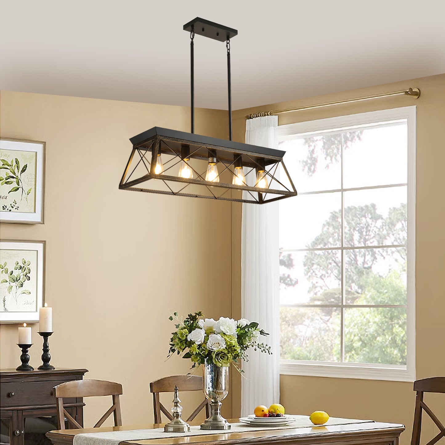 5-Light Farmhouse Chandeliers for Dining Room, Metal Rustic Pendant Island Light Fixture, Modern Rectangular Island Lights for Kitchen, Living Room Black gold(No Bulbs)NEW SKU:W1340P206630