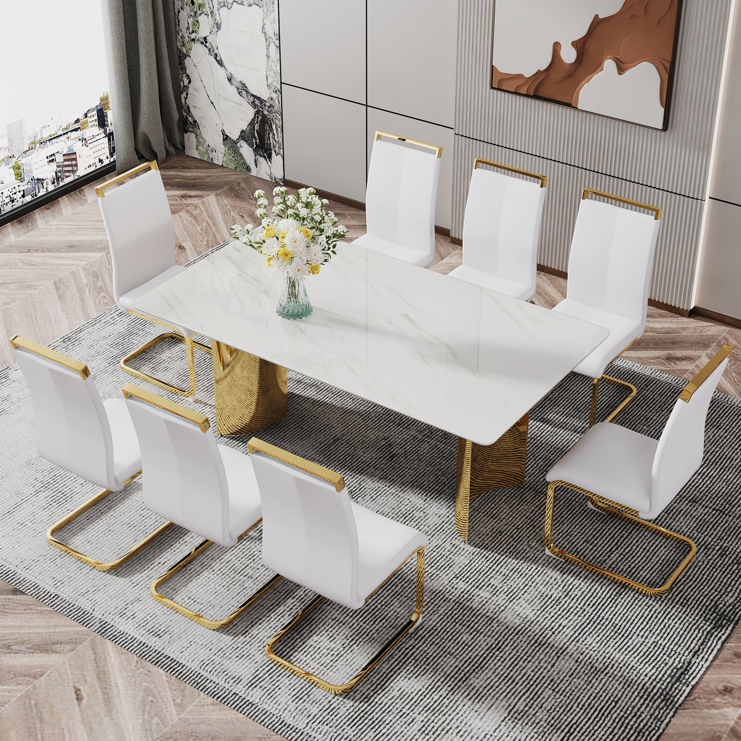 Stylish 71" Minimalist Dining Table with White Imitation Marble Glass Surface and Gold Metal Legs - Ideal for Dining Areas and Living Spaces