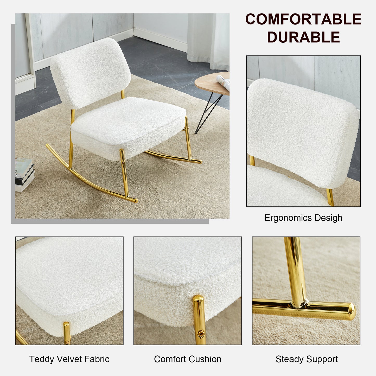 Comfortable Teddy Velvet Rocking Chair with White Backrest & Golden Metal Legs