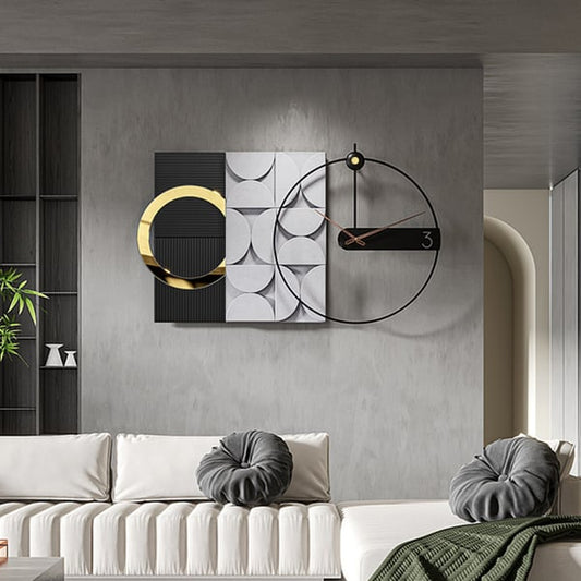 Grande horloge murale géométrique en métal de 30 pouces avec pointeur en bois, décoration d'intérieur moderne, noir et gris 