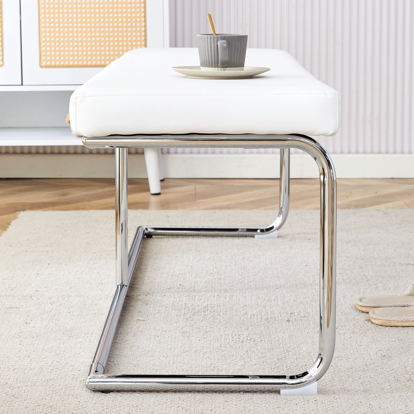 Versatile White Shoe Changing Stool with Silver Metal Legs Multi-Purpose for Entryway and Bedroom