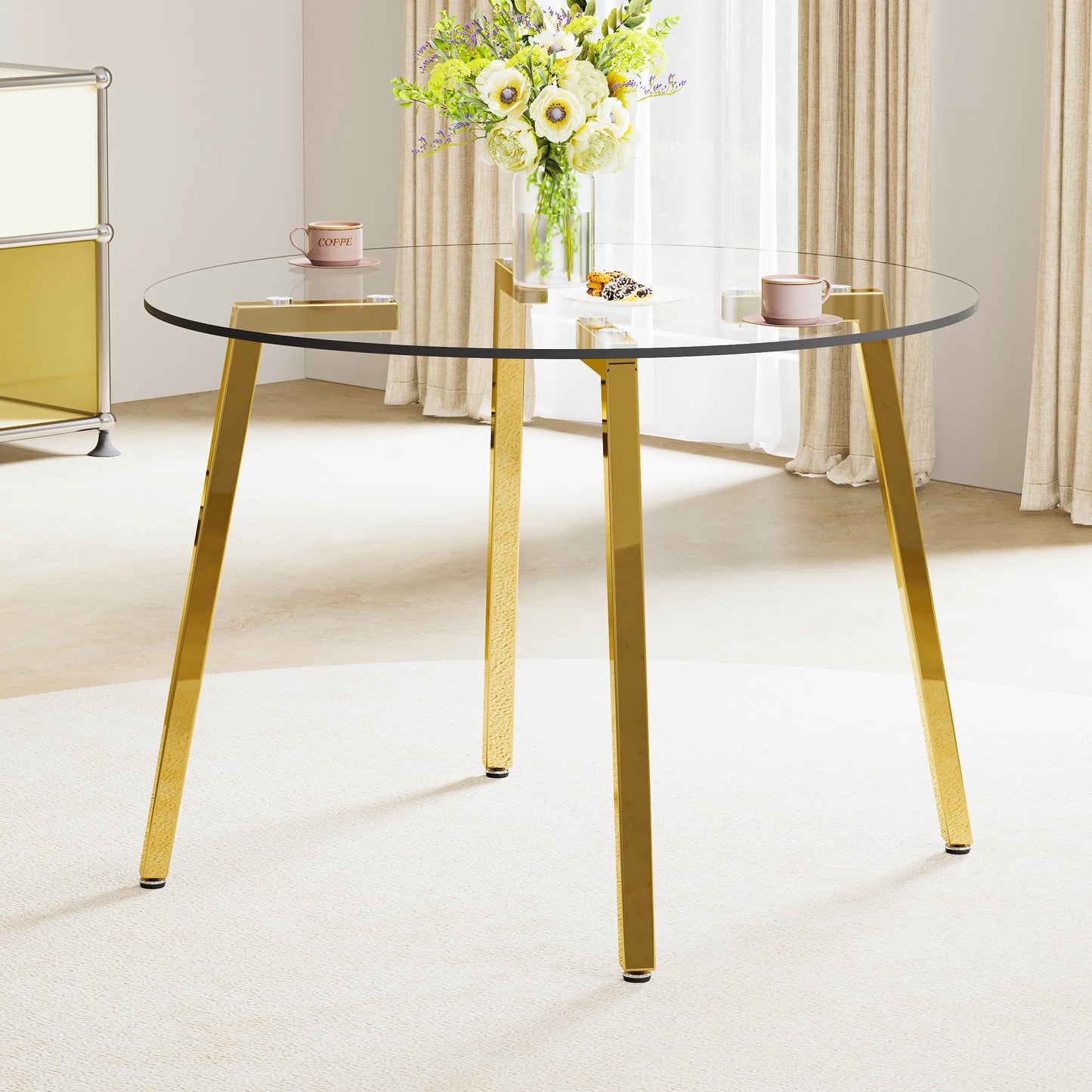 Modern Minimalist Circular Tempered Glass Table with Golden Metal Legs - Perfect for Kitchen, Dining Room