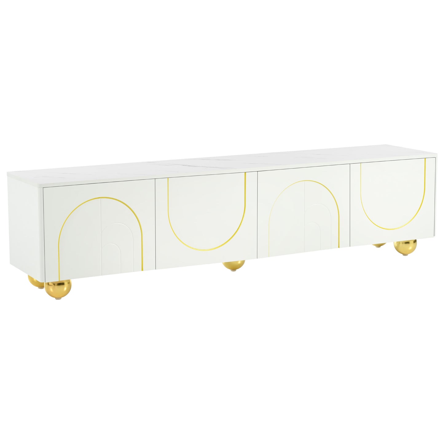 Modern TV Stand for TVs up to 75 Inches, Entertainment Center with Storage Cabinets and 1 Adjustable Shelf, Media Console with Marble-patterned Top and Golden Round Metal Legs for Living room