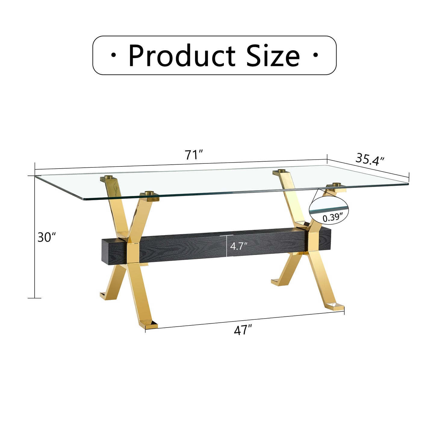 Dining table. Modern tempered glass dining table. Large modern office desk with gold metal legs and MDF crossbars, suitable for home and office use. Kitchen .71 ''x35.4''x30 '' 1105