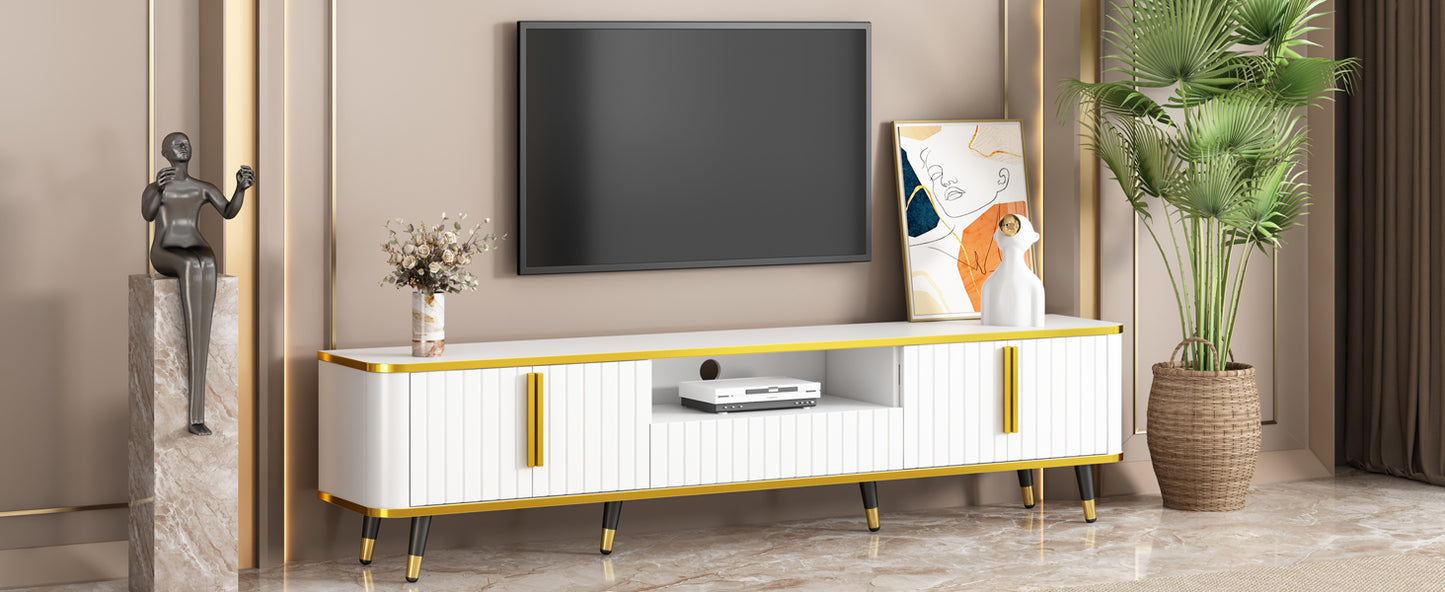 ON-TREND Meuble TV minimaliste de luxe avec étagère de rangement ouverte pour téléviseurs jusqu'à 85", centre de divertissement avec armoires et tiroirs, console multimédia pratique avec pieds uniques pour le salon, blanc